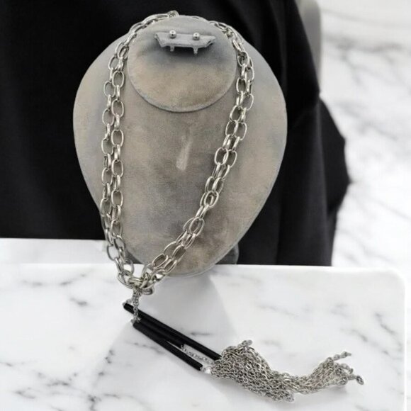 EUC Silver Tone & Black Necklace & Earring Set Large Link Chain - Picture 2 of 5